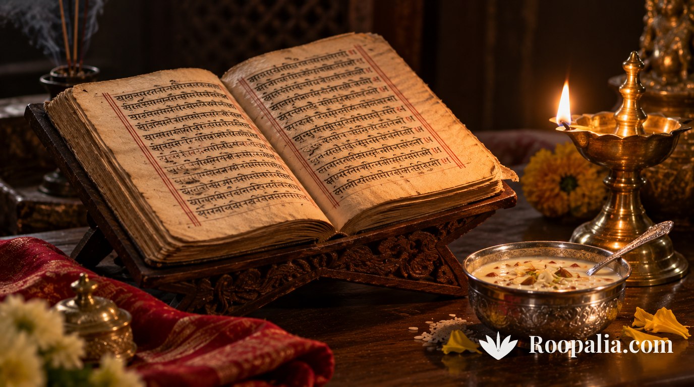 खुला संस्कृत ग्रंथ, पास में अन्नप्राशन की चाँदी की कटोरी में खीर और जलता दीपक — AI-निर्मित चित्र (Roopalia)