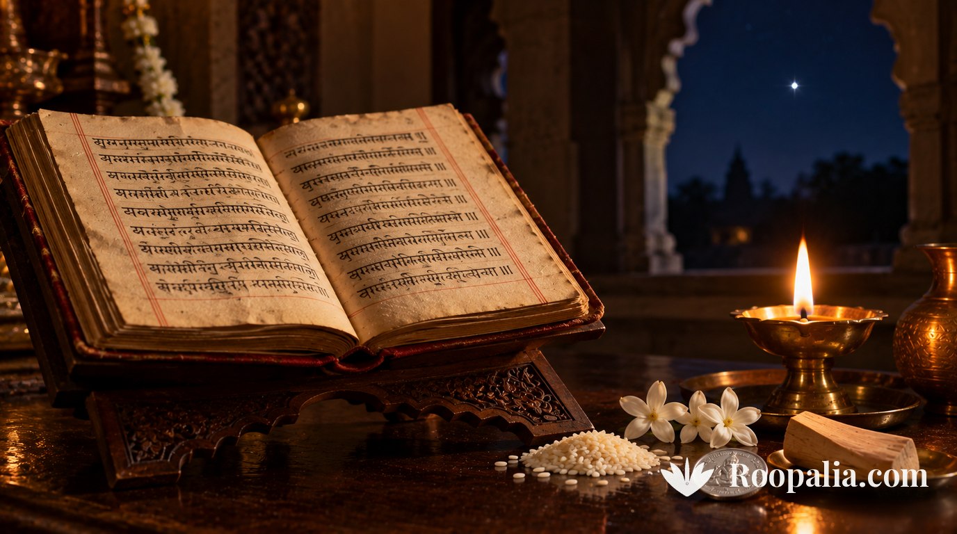 An open Sanskrit manuscript with white flowers, sandalwood, a silver coin and a lamp; a bright star visible beyond a stone arch — AI-generated image (Roopalia)