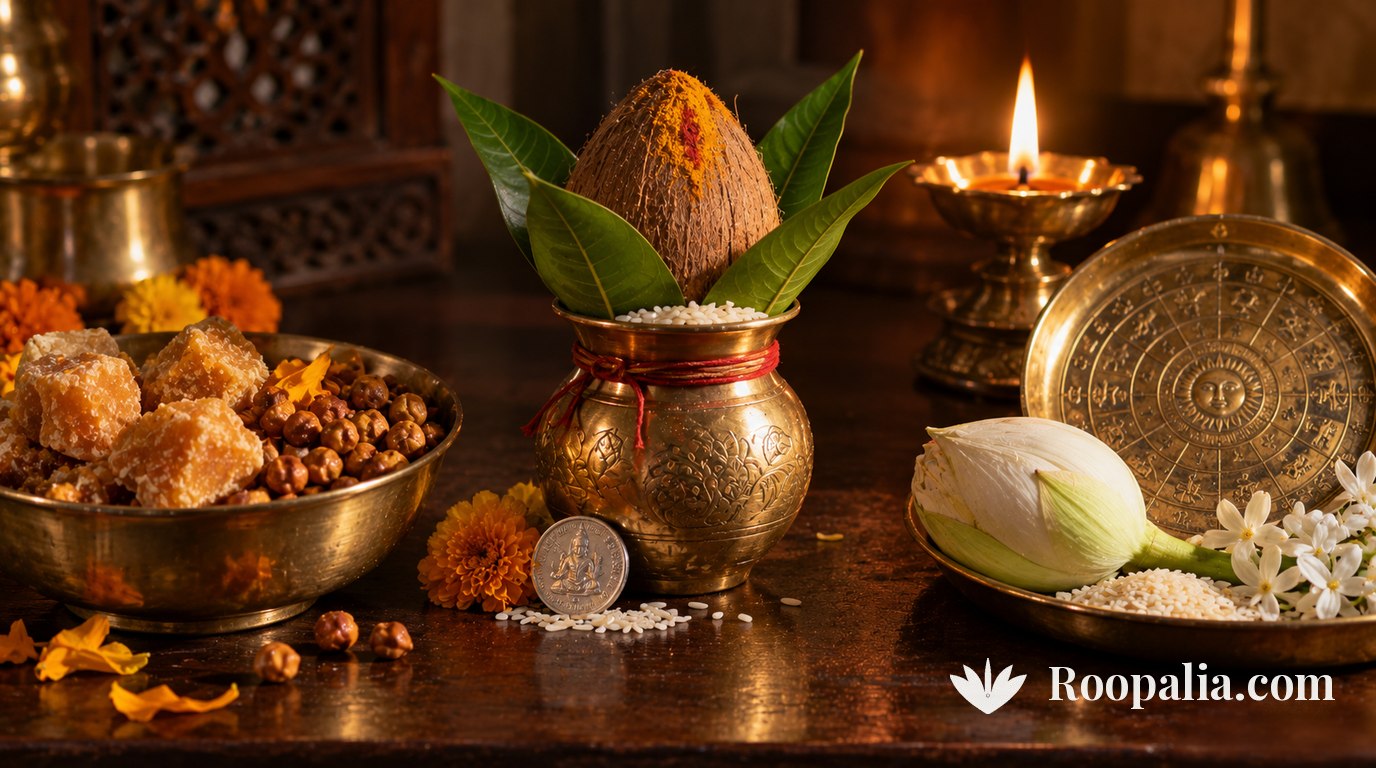 Three groupings representing the three Friday traditions — jaggery and chickpeas, a Lakshmi kalash, and white flowers — AI-generated image (Roopalia)