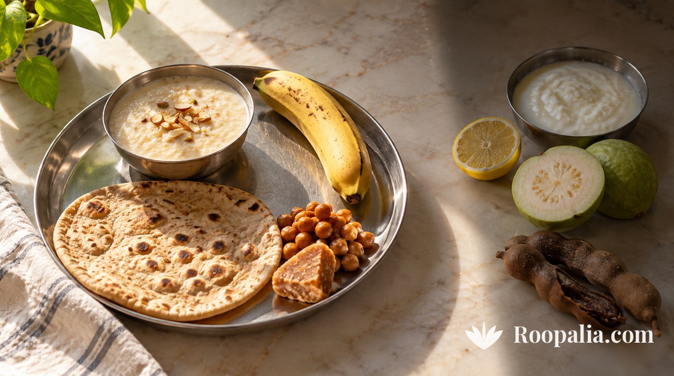 Friday fast food — roti, kheer, banana, jaggery and chickpeas in the light; lemon, curd, guava and tamarind set in shadow — AI-generated image (Roopalia)