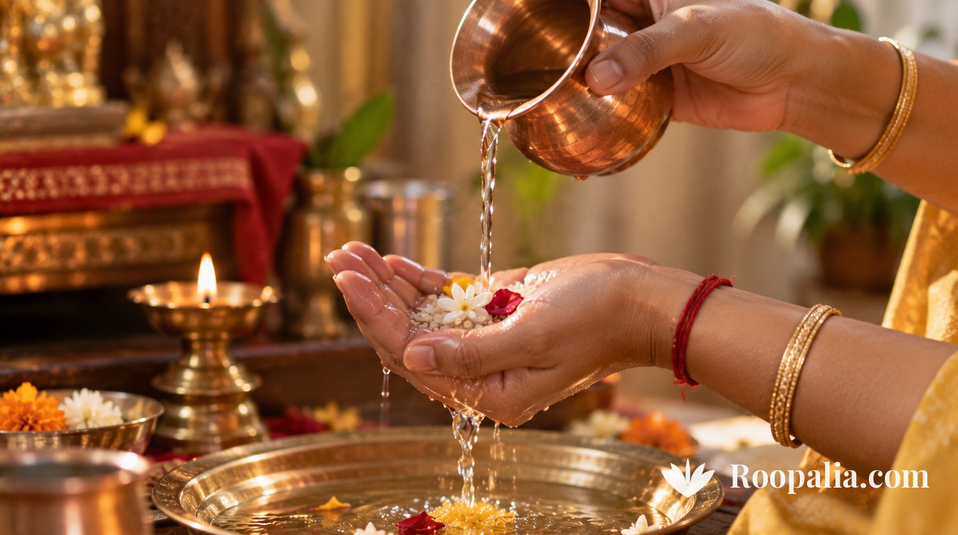 Taking the vow — water, rice grains and a flower held in a cupped palm above a brass plate — AI-generated image (Roopalia)
