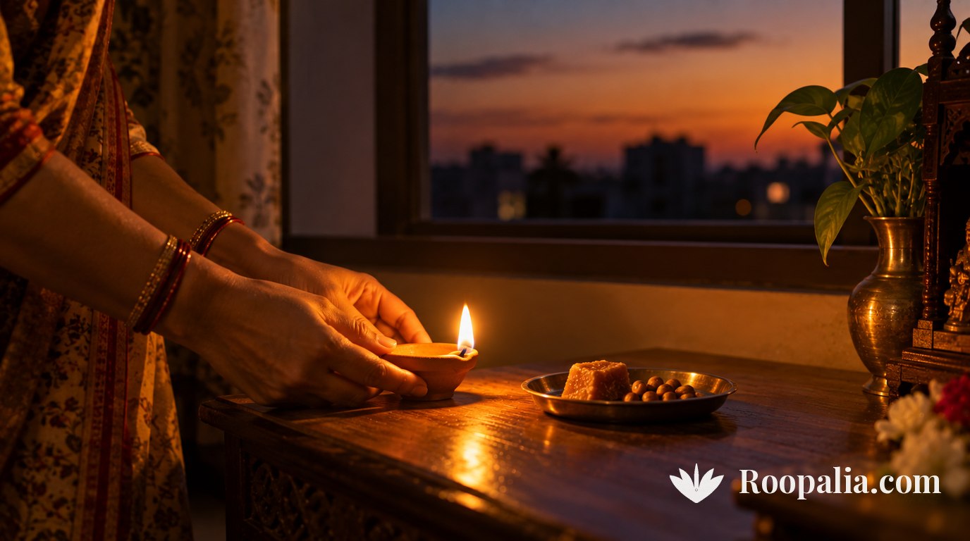Hands placing a lit clay lamp beside a plate of jaggery and chickpeas by a window after sunset — AI-generated image (Roopalia)