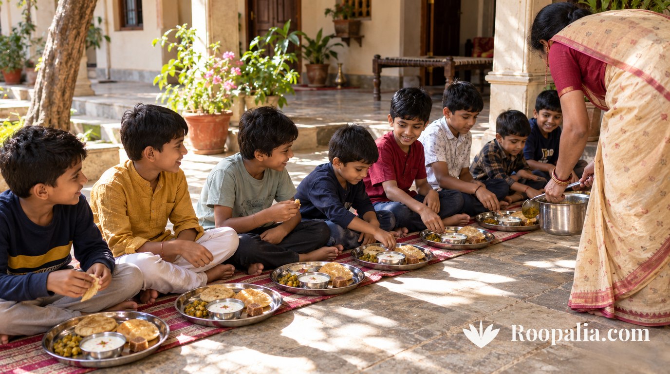 A woman serving a meal to eight boys seated in a row in a courtyard on the day of the udyapan — AI-generated image (Roopalia)