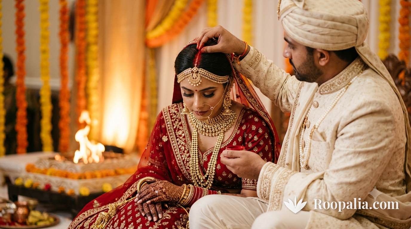 विवाह संस्कार में दूल्हा दुल्हन की माँग में सिंदूर भरते हुए, पास में हवन की अग्नि और गेंदे की मालाएँ — AI-निर्मित चित्र (Roopalia)