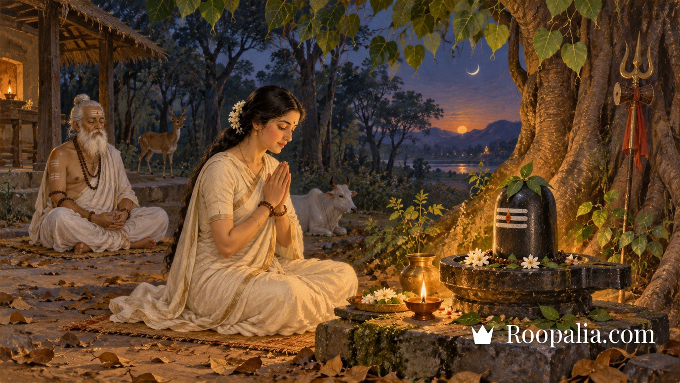 The queen keeping the vrat herself before a Shivling at the ashram, with the old priest seated behind — AI-generated image (Roopalia)