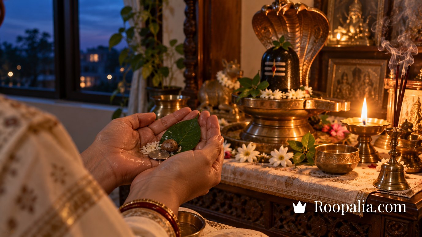 Taking the Solah Somvar sankalp at a home shrine with water, rice, betel leaf and supari in hand — AI-generated image (Roopalia)