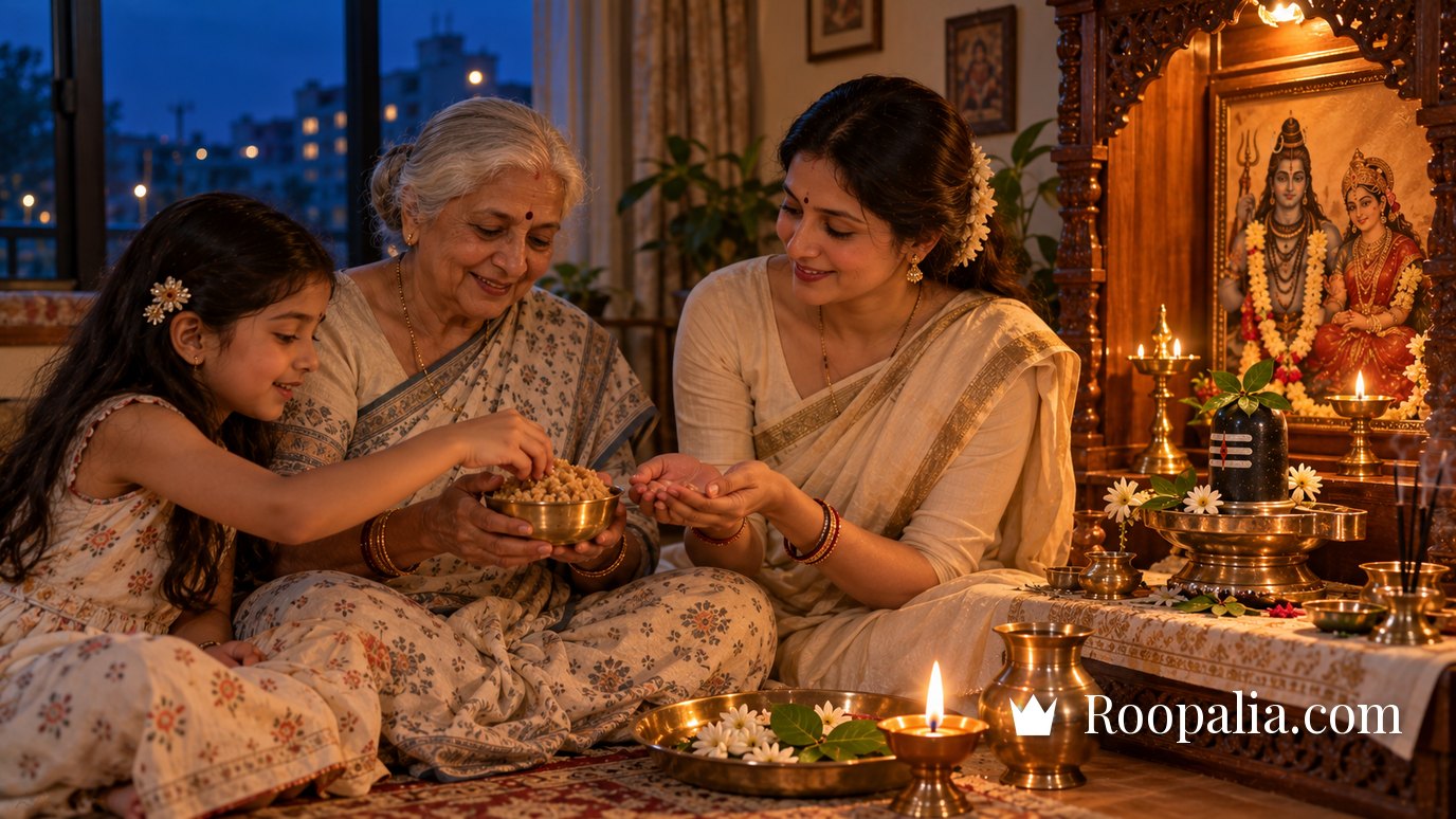 Three generations — grandmother, mother and daughter — sharing panjiri prasad beside the home shrine — AI-generated image (Roopalia)