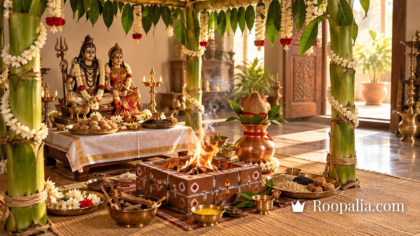 A banana-stem mandap with kalash and havan kund for the seventeenth-Monday udyapan — AI-generated image (Roopalia)