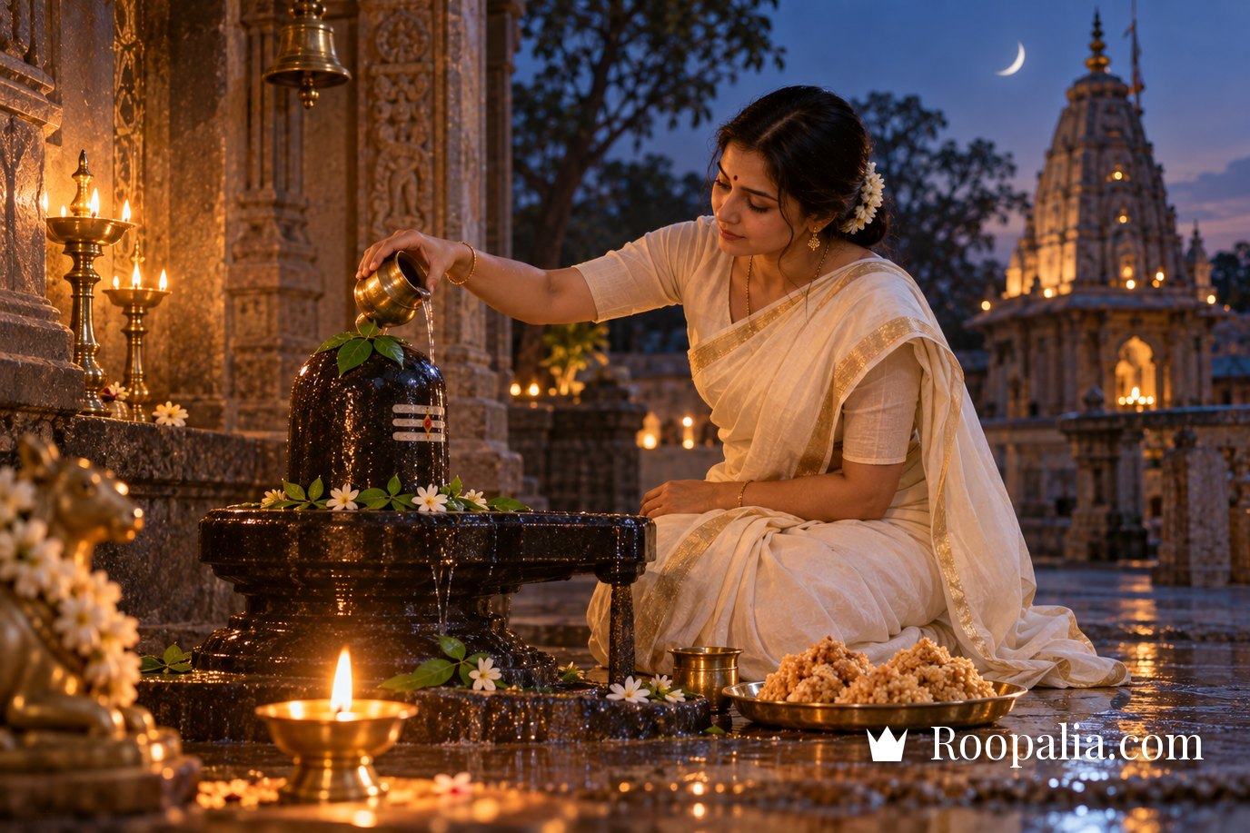 A woman offering water on a Shivling at dusk, with panjiri divided into three portions on a brass thali beside her — AI-generated image (Roopalia)