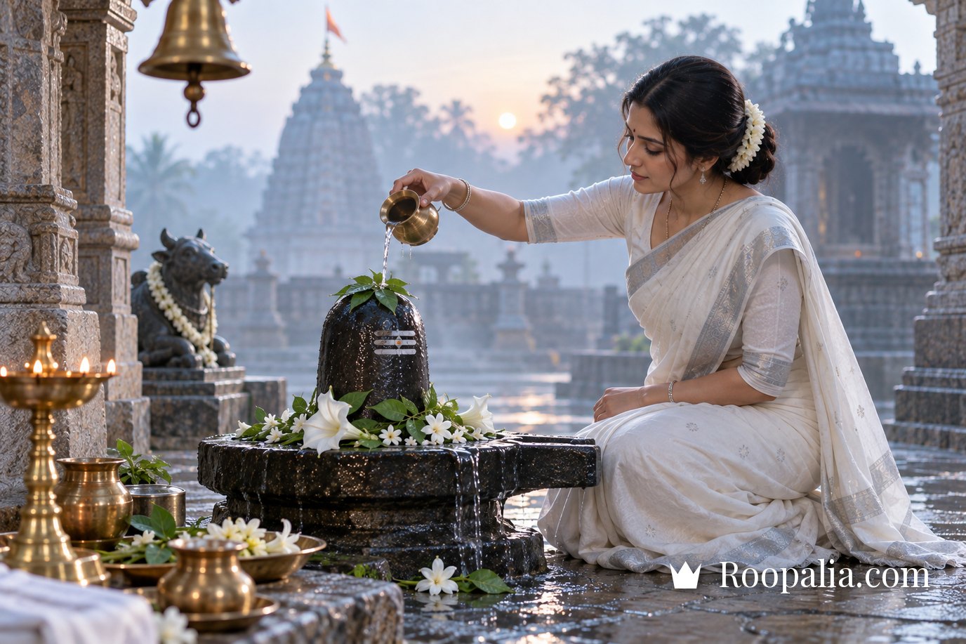 सफ़ेद साड़ी पहने एक महिला भोर के समय मंदिर में शिवलिंग पर लोटे से जलाभिषेक करती हुई, पास में बेलपत्र और सफ़ेद फूल — AI-निर्मित चित्र (Roopalia)