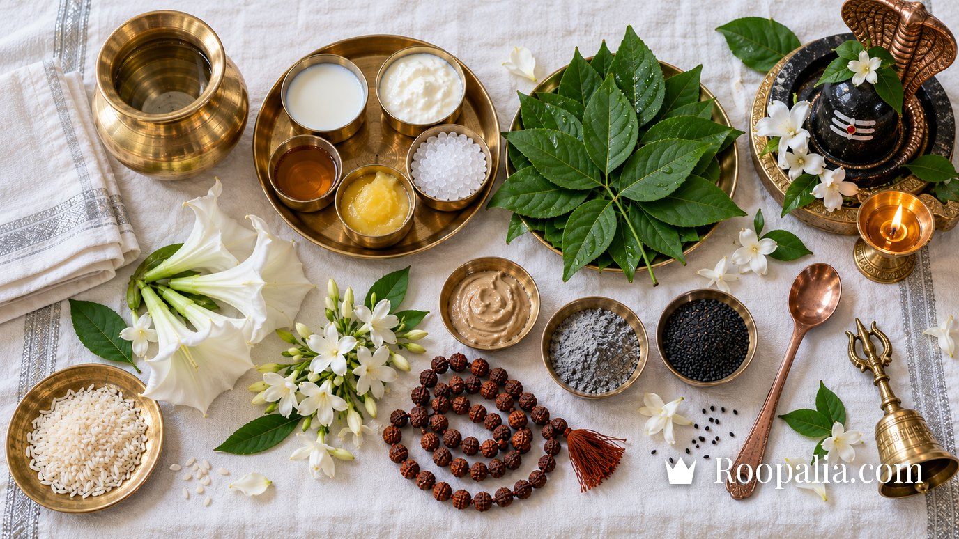 सफ़ेद कपड़े पर सजी सोमवार व्रत की पूजा सामग्री — जल, दूध, दही, शहद, घी, बेलपत्र, धतूरा, भस्म, चंदन और रुद्राक्ष माला — AI-निर्मित चित्र (Roopalia)