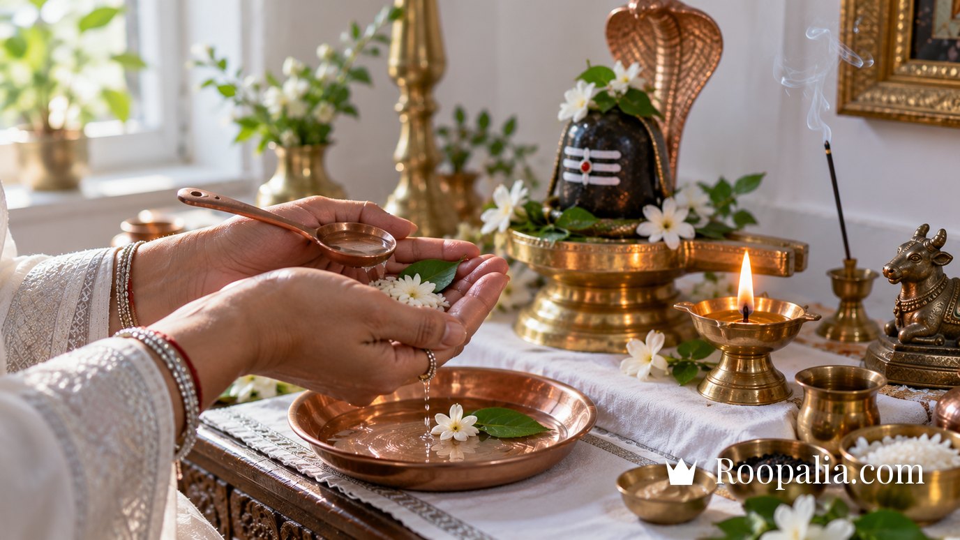 घर के मंदिर में हाथ जोड़कर चावल, फूल और जल के साथ सोमवार व्रत का संकल्प लेते हुए — AI-निर्मित चित्र (Roopalia)