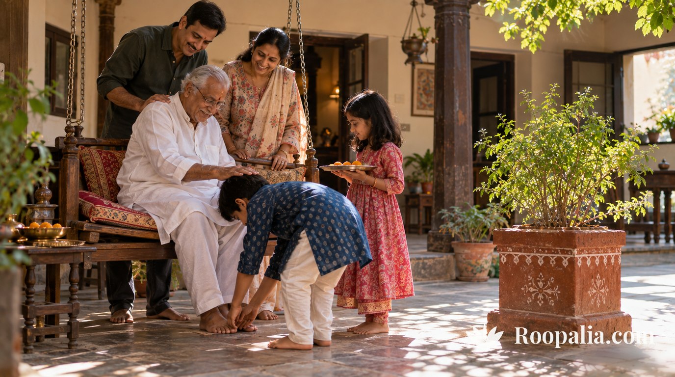 भारत के पुश्तैनी घर के आँगन में तीन पीढ़ियाँ एक साथ, बच्चा दादाजी के चरण स्पर्श करता हुआ — AI-निर्मित चित्र (Roopalia)
