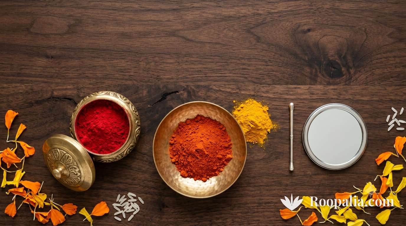 पीतल की डिबिया में सिंदूर, कुमकुम और हल्दी का चूर्ण, पास में लगाने की सलाई और छोटा दर्पण — AI-निर्मित चित्र (Roopalia)