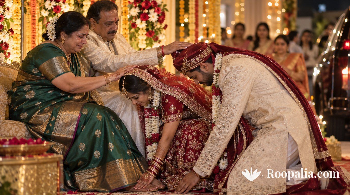 विदाई के समय नवविवाहित जोड़ा माता-पिता के चरण स्पर्श करते हुए, माँ आशीर्वाद देती हुईं — AI-निर्मित चित्र (Roopalia)