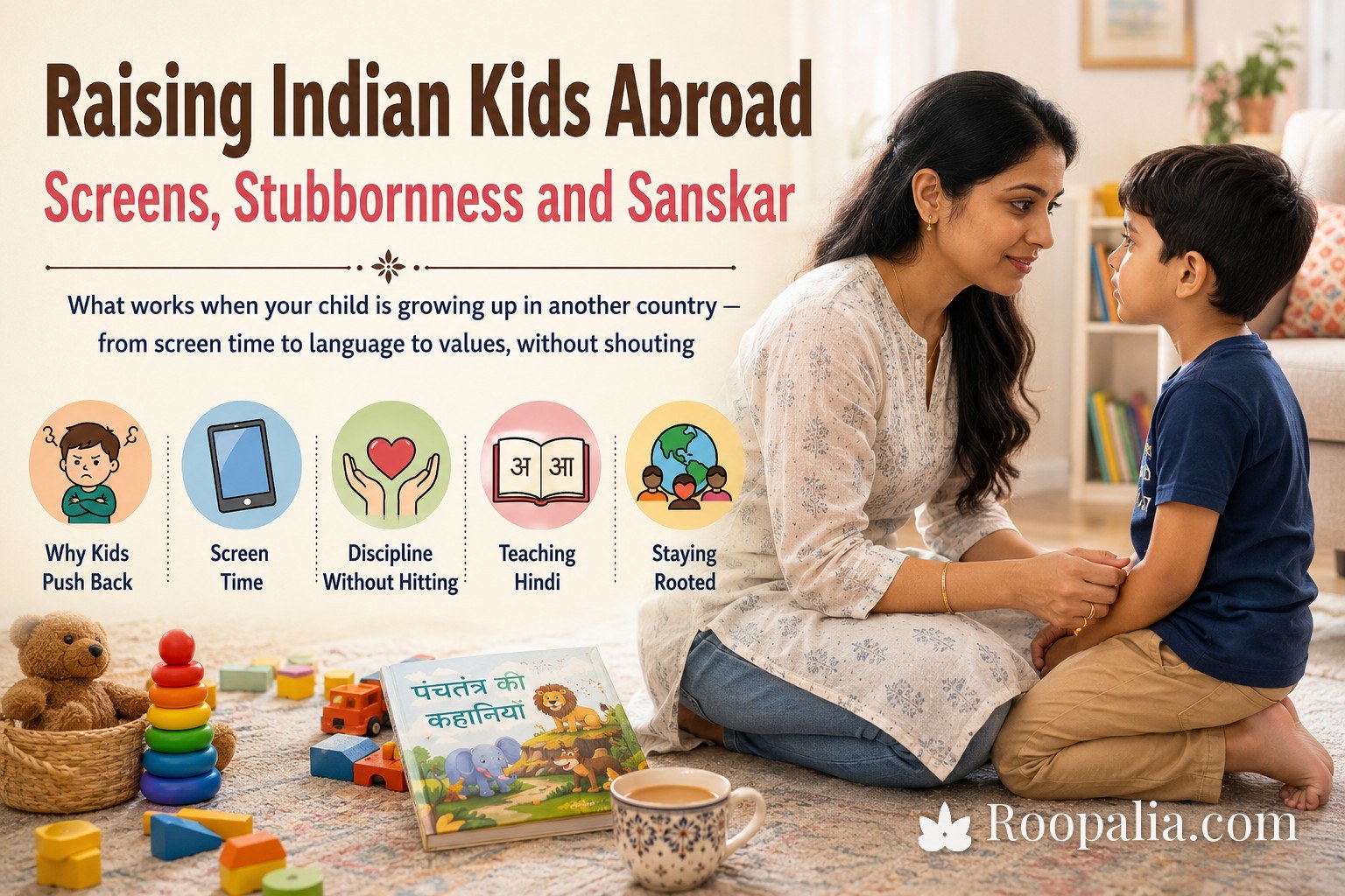 Raising Indian kids abroad — an Indian mother kneeling to eye level with her young son (Roopalia)