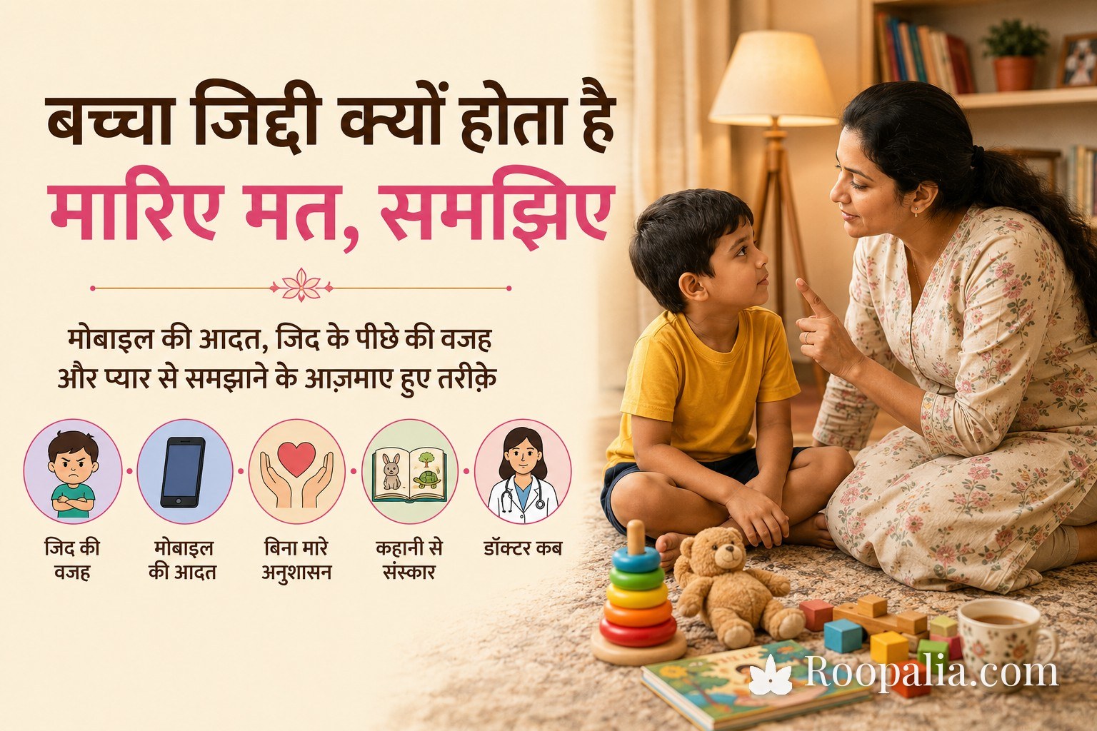 बच्चा जिद्दी क्यों होता है — घुटनों के बल बैठकर अपने बेटे को प्यार से समझाती भारतीय माँ (Roopalia)