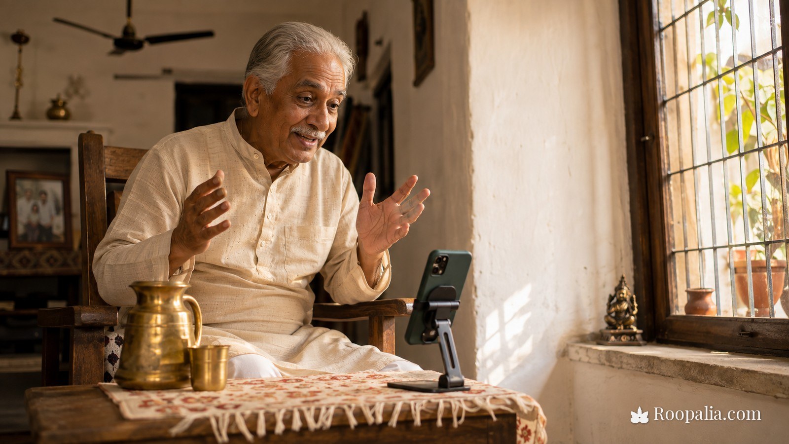 भारत लौटकर वीडियो कॉल पर पोते-पोती को कहानी सुनाते दादाजी — प्रतीकात्मक चित्र
