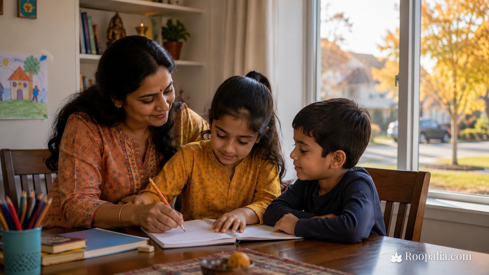 विदेश में बसा भारतीय परिवार — मेज़ पर बैठकर बेटी को हिंदी के अक्षर लिखना सिखाती माँ