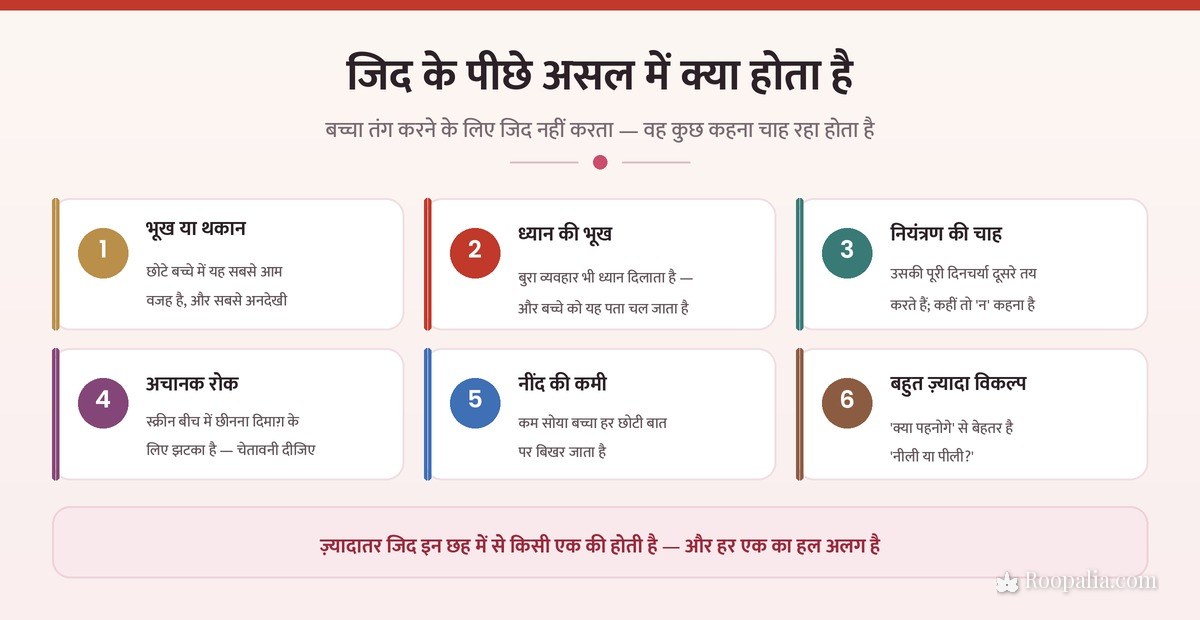 बच्चों की जिद के छह कारण — भूख, थकान, ध्यान की भूख, नियंत्रण की चाह, अचानक रोक, नींद की कमी और बहुत ज़्यादा विकल्प