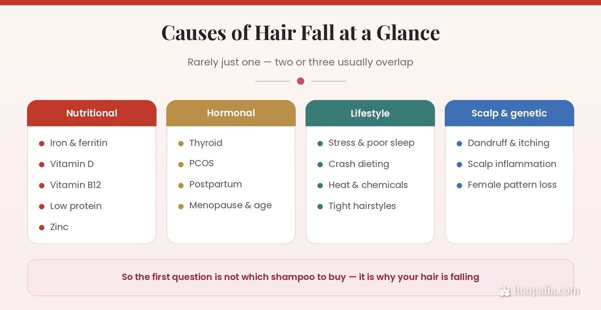 Causes of hair fall in women at a glance — nutritional deficiencies, hormonal causes, lifestyle factors and scalp or genetic causes
