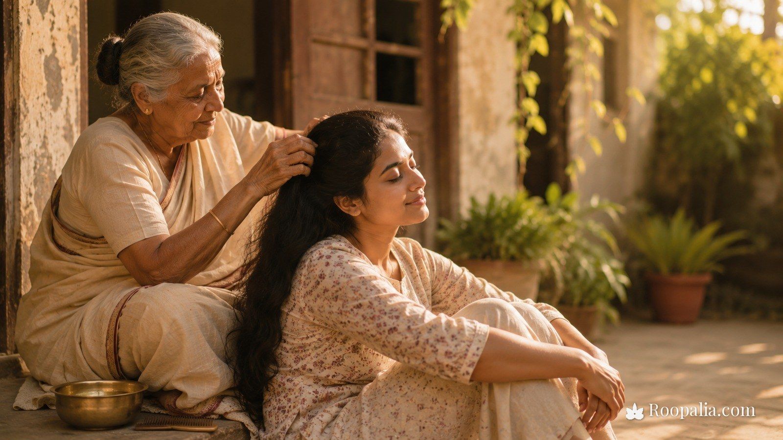 Traditional Indian champi — a grandmother oiling and massaging her granddaughter&rsquo;s long hair in a sunlit courtyard