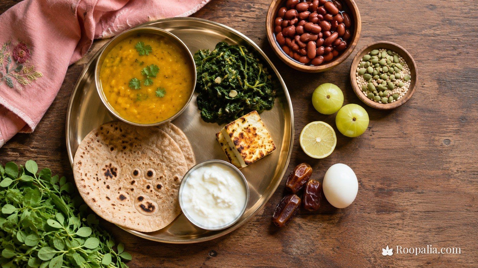 Best diet for hair fall — an Indian thali with dal, spinach, paneer, curd, rajma, amla, lemon, dates and egg