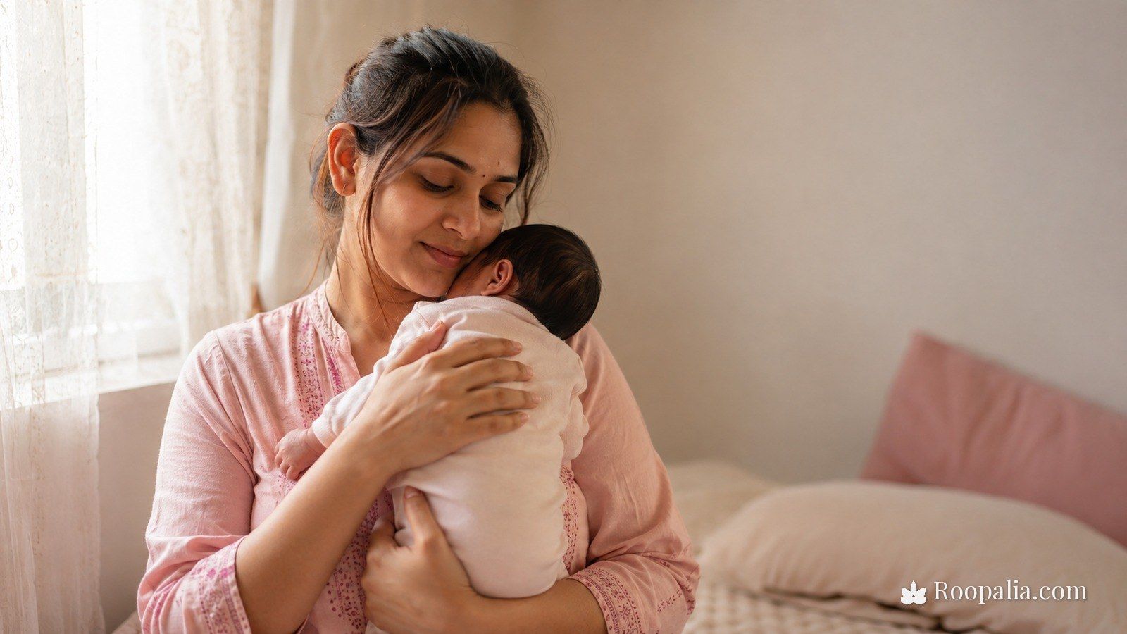 Postpartum hair loss — a young Indian mother holding her newborn baby in soft morning light