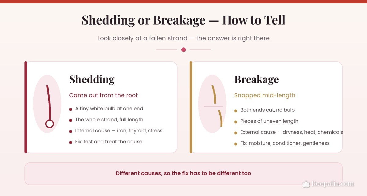 Difference between hair shedding and hair breakage — a strand with a white bulb at the root versus a strand snapped mid-length